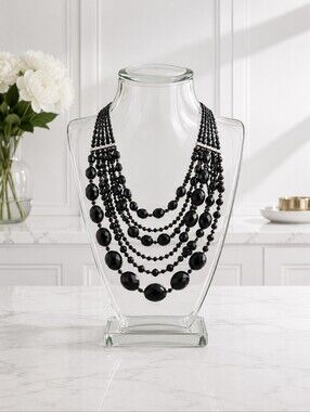 Multi-Strand Black Beaded Statement Necklace
